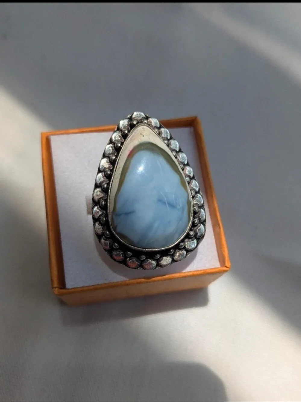 Rare Handcrafted Eye of Owyhee Opal Teardrop Ring (Size 7.25)